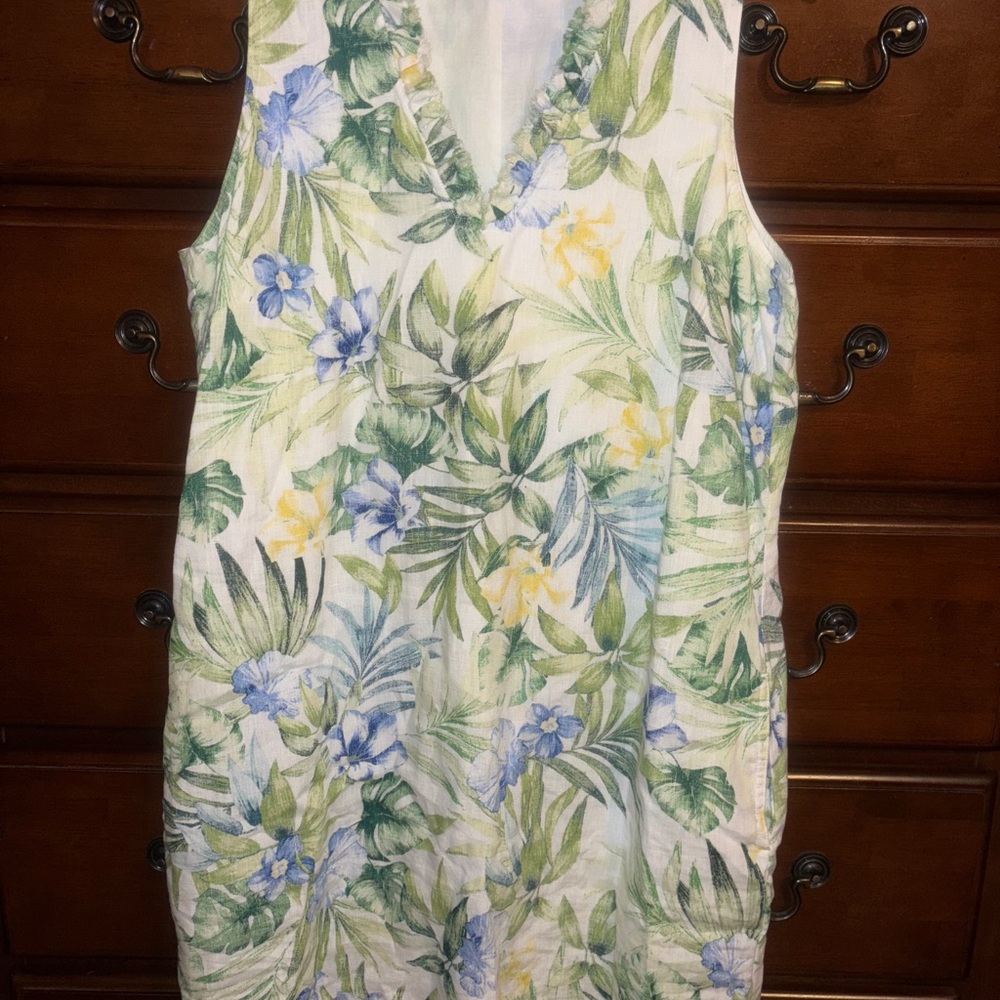 Tommy Bahama Floral Linen Vneck Sleeveless Dress with pockets- Large